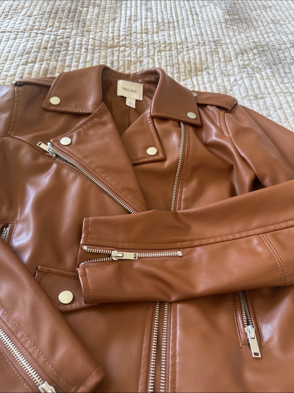 Nine West Cognac Faux Leather Moto Jacket